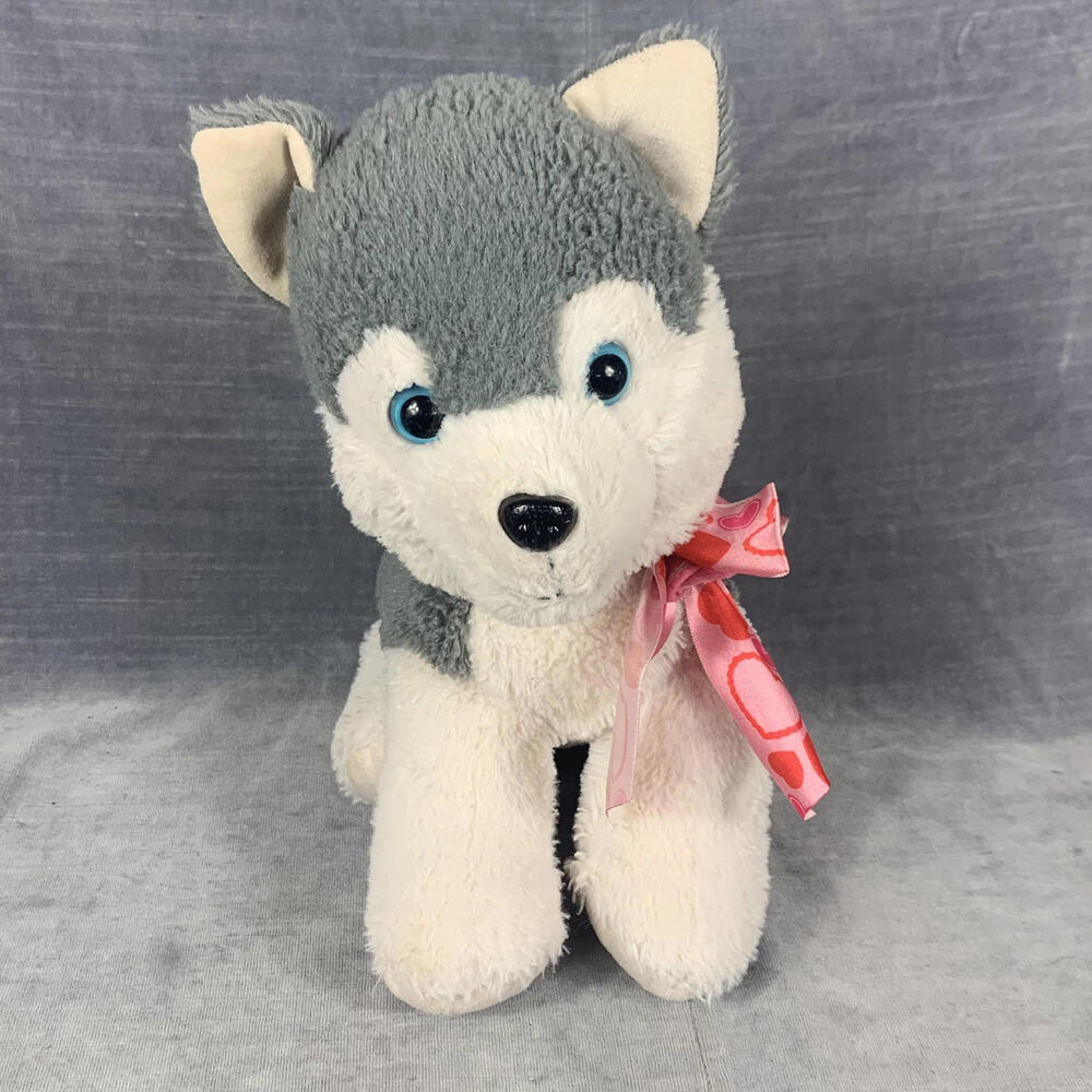 Walmart Hug Fun Siberian Husky Plush Puppy Love Gray Dog Heart Bow Stuffed 11”
